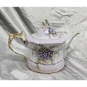 Victorian Style Floral Porcelain Teapot Music Box Purple White with Gold Trim